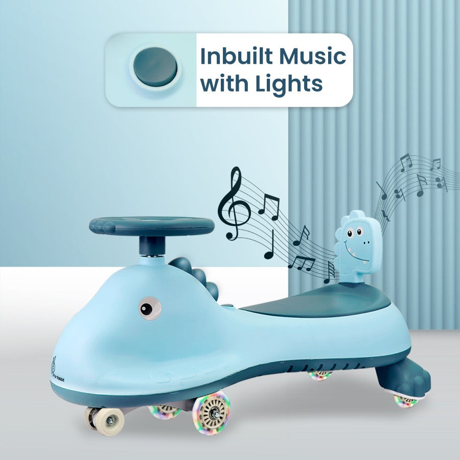 Iya Iya Dino Swing Car For Kids - Inbuilt Music With Light, PU LED Wheels, ABEC 7 Bearing, Up to 100 Kgs Capacity - Sky Blue