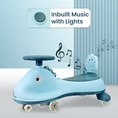 Iya Iya Dino Swing Car For Kids - Inbuilt Music With Light, PU LED Wheels, ABEC 7 Bearing, Up to 100 Kgs Capacity - Sky Blue