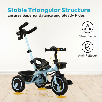 Tiny Toes R20 Plus Tricycle for Kids with Safety Certification, Plug-and-Play Design, Rubber Wheels & Steel Frame - Sky Blue