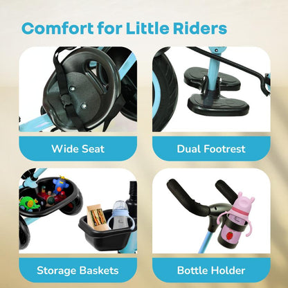 Tiny Toes R20 Plus Tricycle for Kids with Safety Certification, Plug-and-Play Design, Rubber Wheels & Steel Frame - Sky Blue