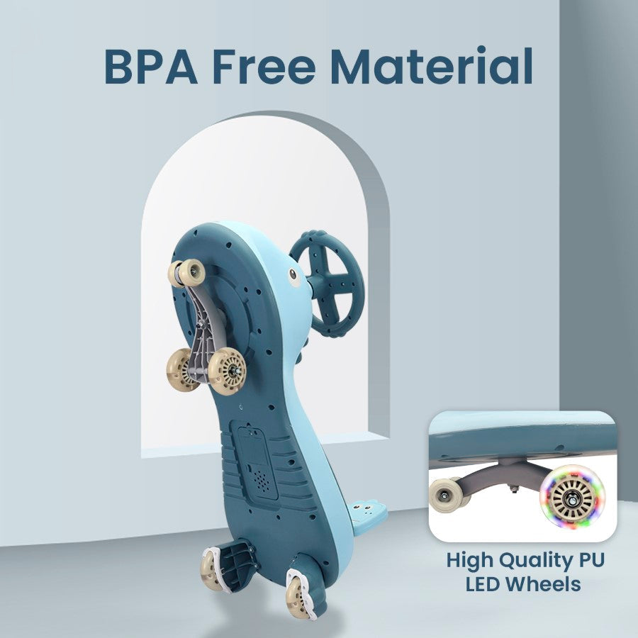 Iya Iya Dino Swing Car For Kids - Inbuilt Music With Light, PU LED Wheels, ABEC 7 Bearing, Up to 100 Kgs Capacity - Sky Blue