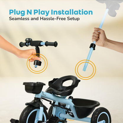 Tiny Toes R20 Plus Tricycle for Kids with Safety Certification, Plug-and-Play Design, Rubber Wheels & Steel Frame - Sky Blue