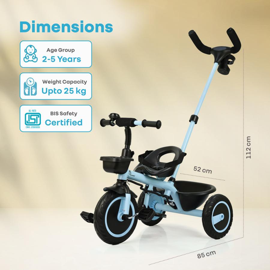 Tiny Toes R20 Plus Tricycle for Kids with Safety Certification, Plug-and-Play Design, Rubber Wheels & Steel Frame - Sky Blue