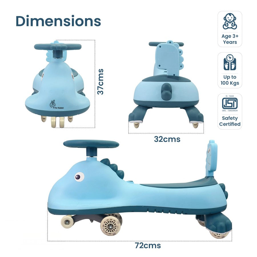 Iya Iya Dino Swing Car For Kids - Inbuilt Music With Light, PU LED Wheels, ABEC 7 Bearing, Up to 100 Kgs Capacity - Sky Blue