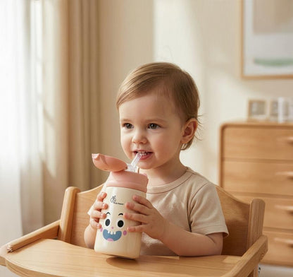 Steebo Smiley 300ml Stainless Steel Straw Sipper Bottle for Babies with 304 Double Wall Insulation, BPA-Free Silicone Straw, Leak-Proof Lid & BIS Certified Safety (9+ Months) - Smiley Peach