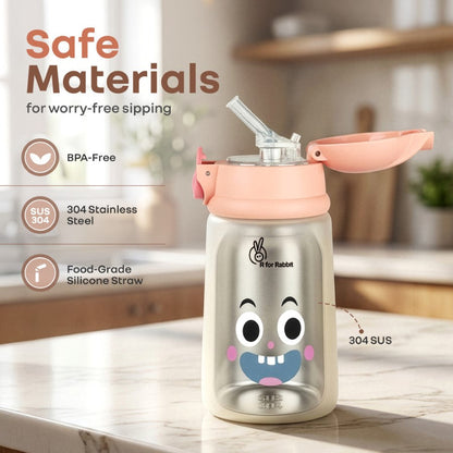 Steebo Smiley 300ml Stainless Steel Straw Sipper Bottle for Babies with 304 Double Wall Insulation, BPA-Free Silicone Straw, Leak-Proof Lid & BIS Certified Safety (9+ Months) - Smiley Peach
