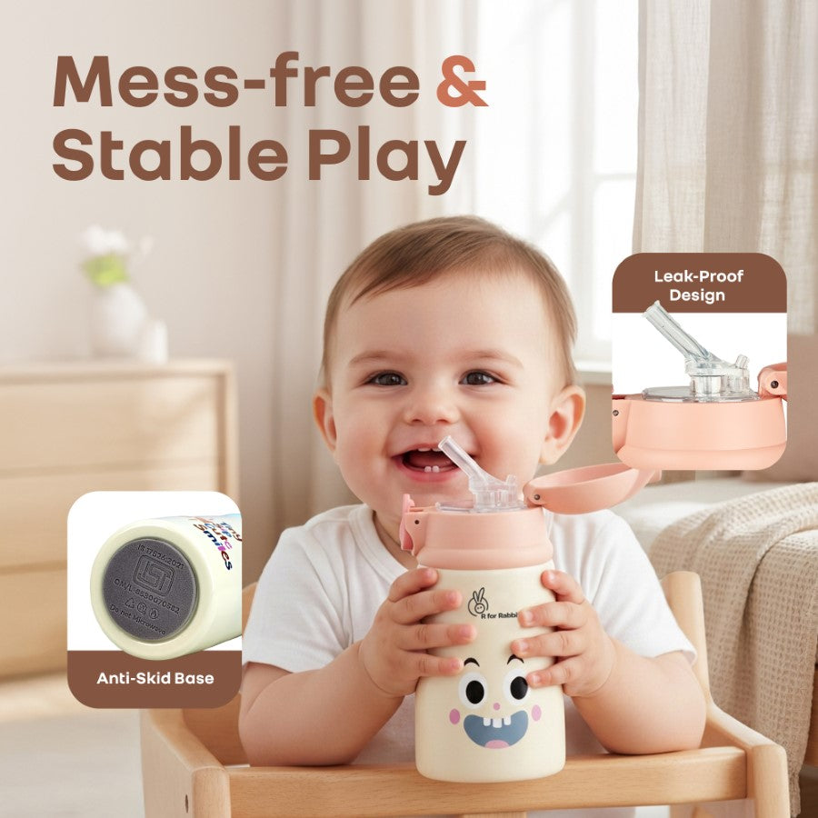 Steebo Smiley 300ml Stainless Steel Straw Sipper Bottle for Babies with 304 Double Wall Insulation, BPA-Free Silicone Straw, Leak-Proof Lid & BIS Certified Safety (9+ Months) - Smiley Peach