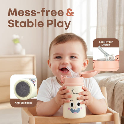 Steebo Smiley 300ml Stainless Steel Straw Sipper Bottle for Babies with 304 Double Wall Insulation, BPA-Free Silicone Straw, Leak-Proof Lid & BIS Certified Safety (9+ Months) - Smiley Peach