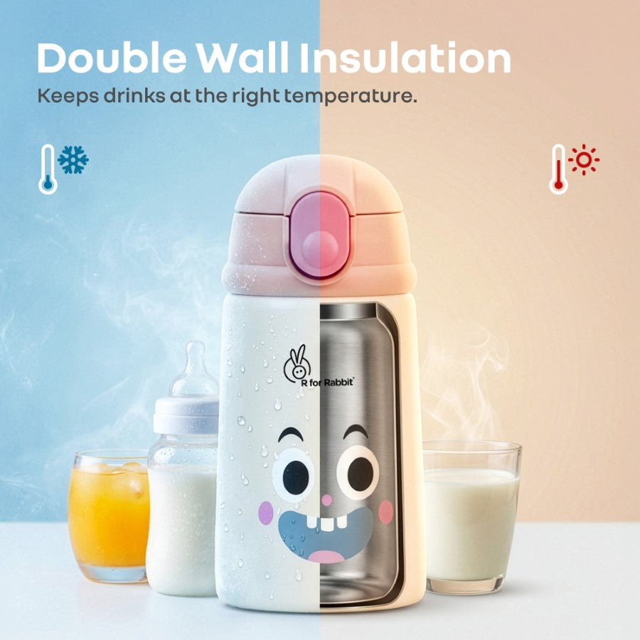 Steebo Smiley 300ml Stainless Steel Straw Sipper Bottle for Babies with 304 Double Wall Insulation, BPA-Free Silicone Straw, Leak-Proof Lid & BIS Certified Safety (9+ Months) - Smiley Peach