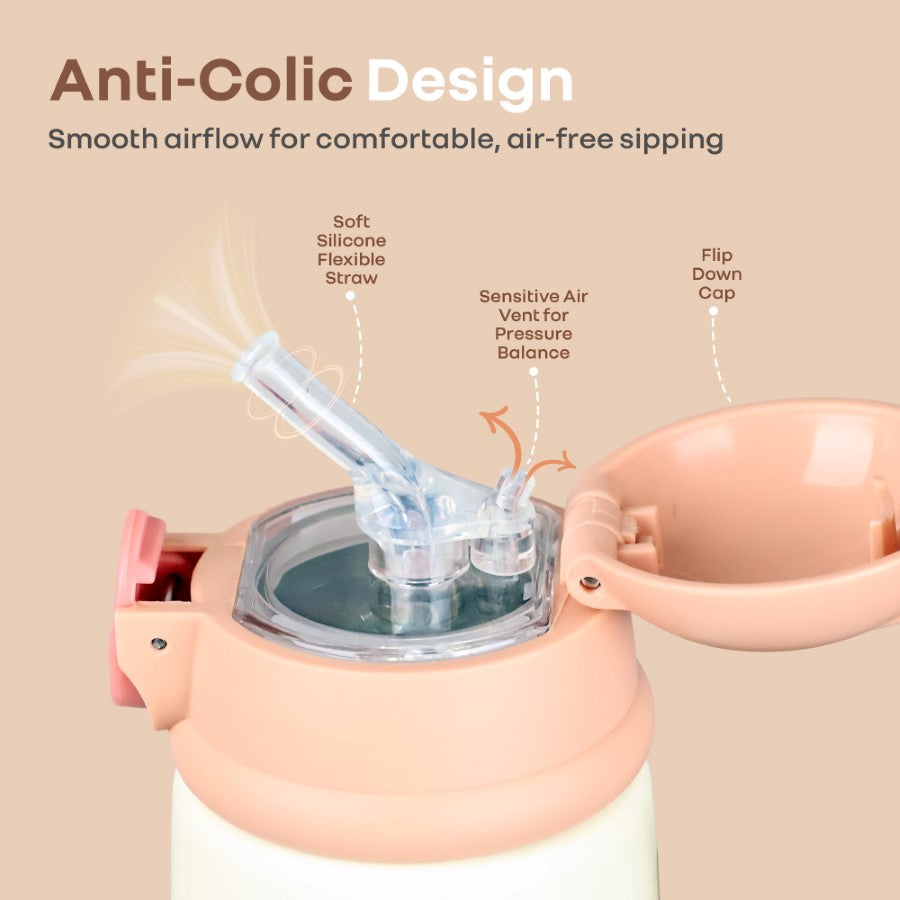 Steebo Smiley 300ml Stainless Steel Straw Sipper Bottle for Babies with 304 Double Wall Insulation, BPA-Free Silicone Straw, Leak-Proof Lid & BIS Certified Safety (9+ Months) - Smiley Peach