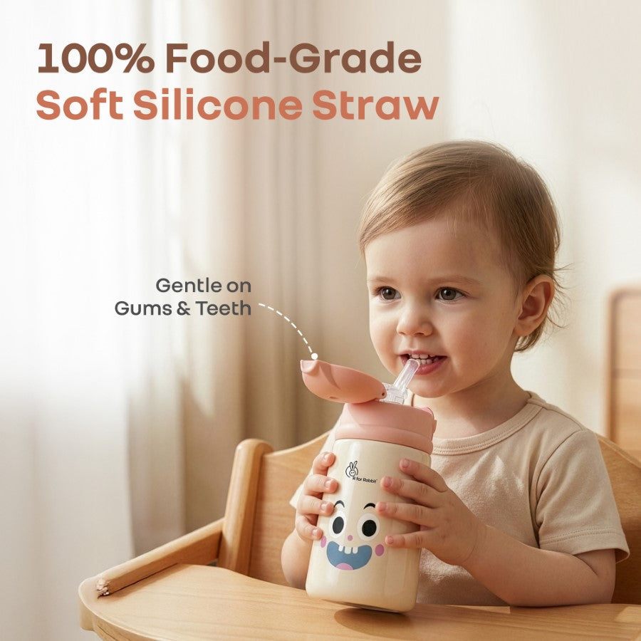 Steebo Smiley 300ml Stainless Steel Straw Sipper Bottle for Babies with 304 Double Wall Insulation, BPA-Free Silicone Straw, Leak-Proof Lid & BIS Certified Safety (9+ Months) - Smiley Peach