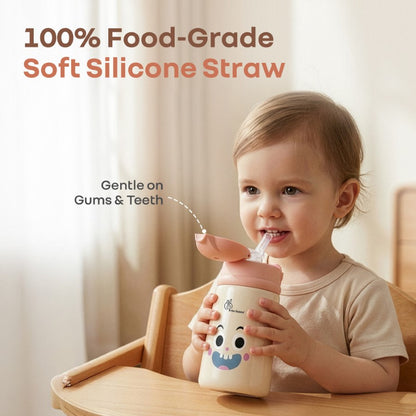 Steebo Smiley 300ml Stainless Steel Straw Sipper Bottle for Babies with 304 Double Wall Insulation, BPA-Free Silicone Straw, Leak-Proof Lid & BIS Certified Safety (9+ Months) - Smiley Peach