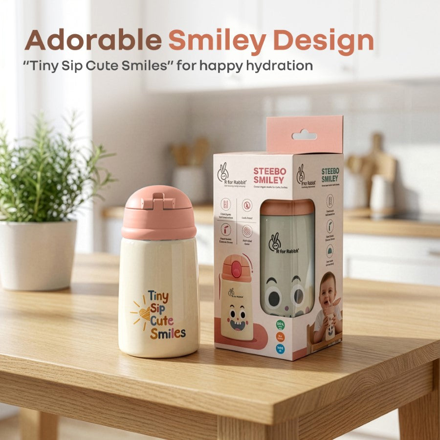 Steebo Smiley 300ml Stainless Steel Straw Sipper Bottle for Babies with 304 Double Wall Insulation, BPA-Free Silicone Straw, Leak-Proof Lid & BIS Certified Safety (9+ Months) - Smiley Peach
