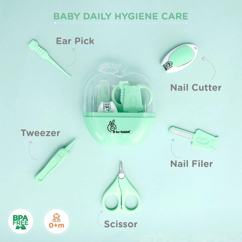 Stylo Apple Baby Manicure Set Nail Cutter & Nail Filer, Scissor, Tweezer, Ear Pick - Green