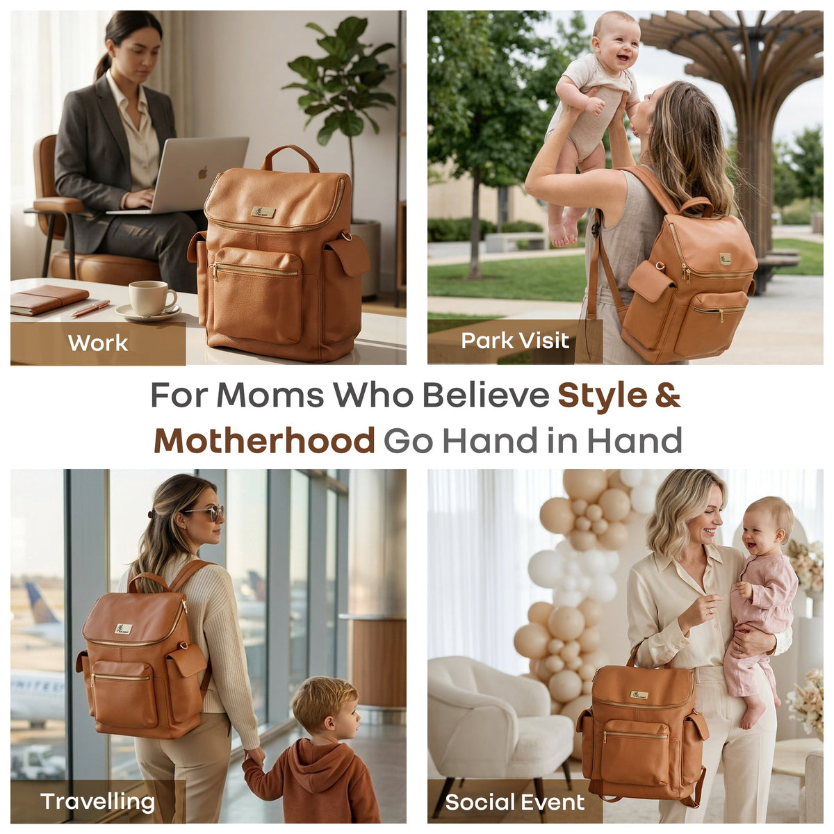 Caramello Bold Neo Diaper Bag, Matte Finish Vegan Leather, 39L Spacious Multi-Compartment Bag - Tan Brown