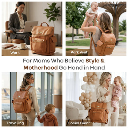 Caramello Bold Neo Diaper Bag, Matte Finish Vegan Leather, 39L Spacious Multi-Compartment Bag - Tan Brown