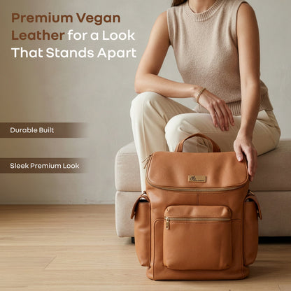 Caramello Bold Neo Diaper Bag, Matte Finish Vegan Leather, 39L Spacious Multi-Compartment Bag - Tan Brown