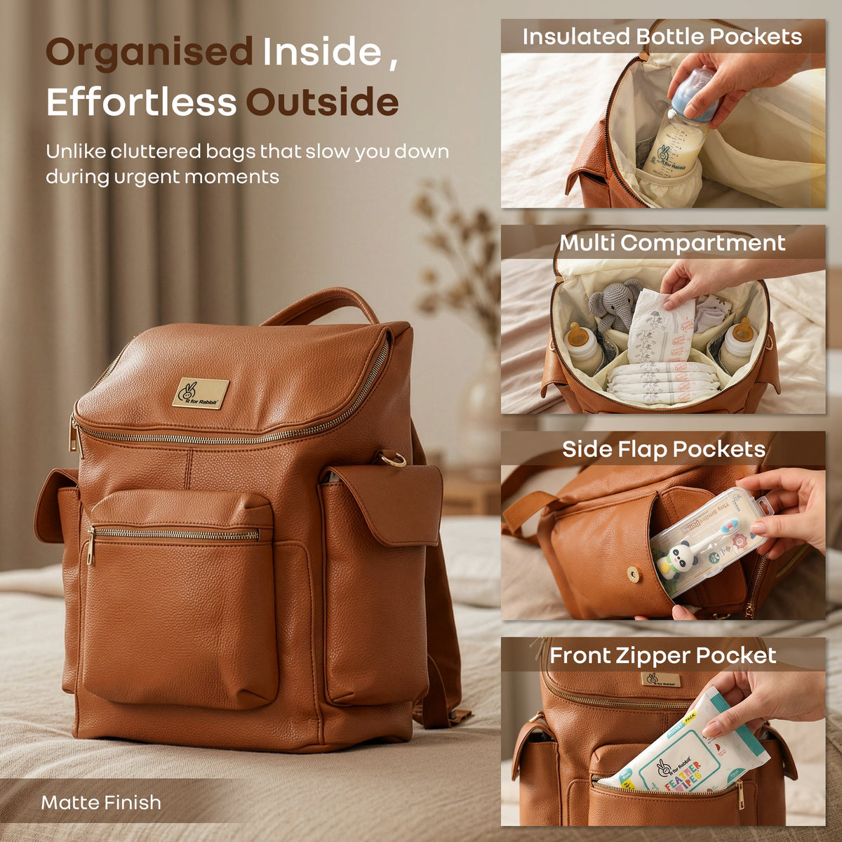Caramello Bold Neo Diaper Bag, Matte Finish Vegan Leather, 39L Spacious Multi-Compartment Bag - Tan Brown