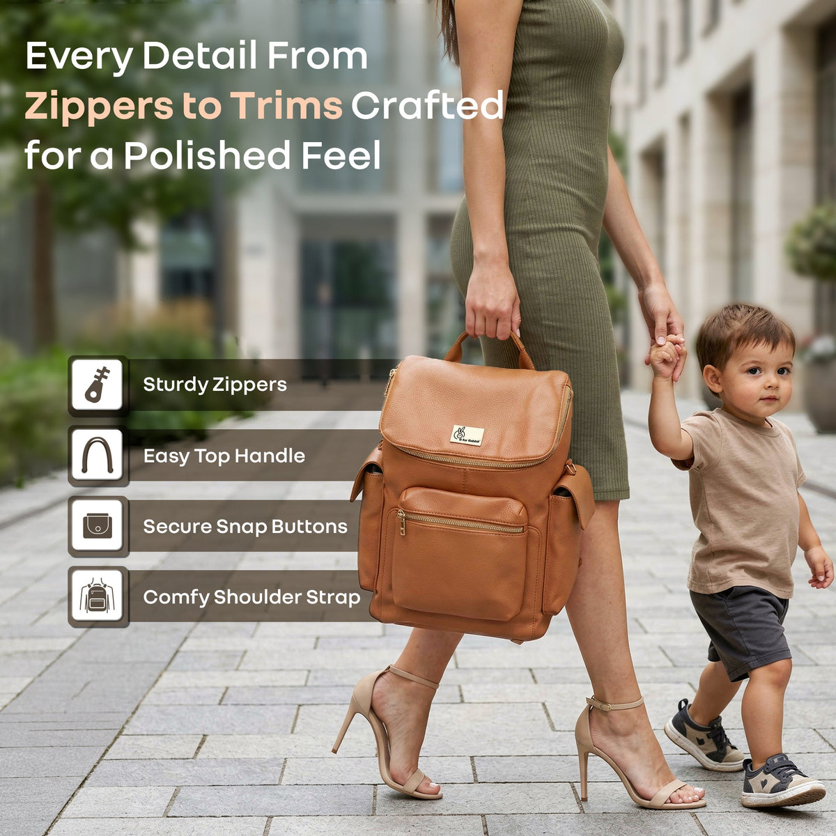 Caramello Bold Neo Diaper Bag, Matte Finish Vegan Leather, 39L Spacious Multi-Compartment Bag - Tan Brown