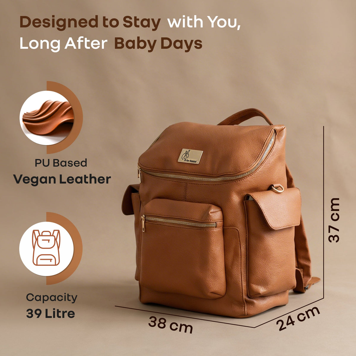 Caramello Bold Neo Diaper Bag, Matte Finish Vegan Leather, 39L Spacious Multi-Compartment Bag - Tan Brown