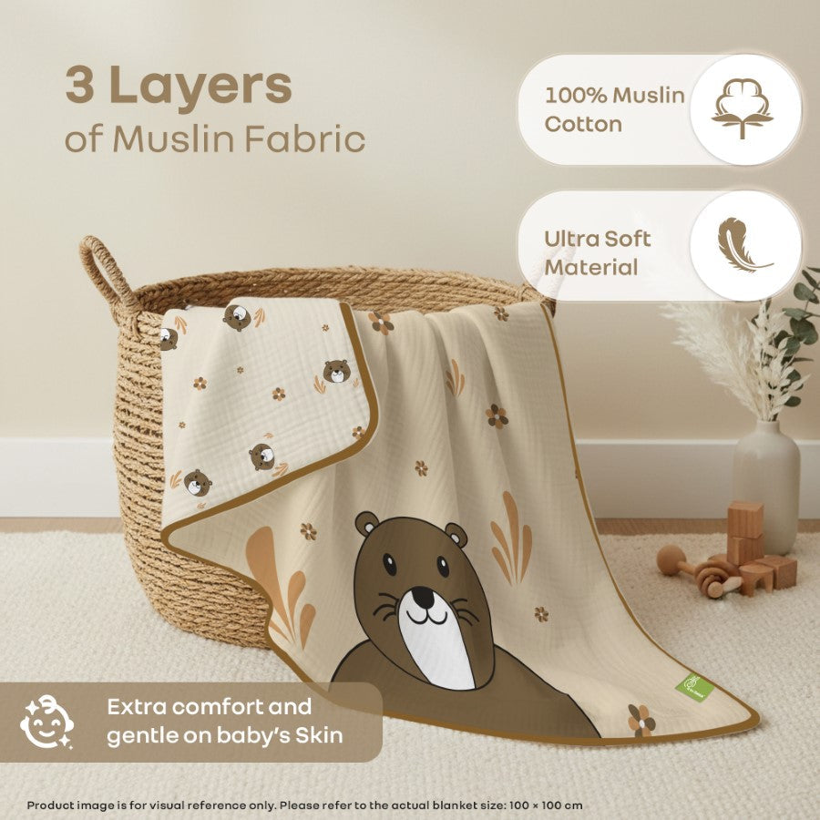Softkins Muslin Baby Quilt - Breathable Cotton, Lightweight & Multipurpose Baby Blanket - Teddy Beige