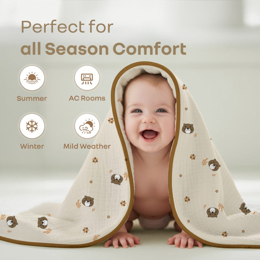 Softkins Muslin Baby Quilt - Breathable Cotton, Lightweight & Multipurpose Baby Blanket - Teddy Beige