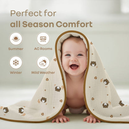 Softkins Muslin Baby Quilt - Breathable Cotton, Lightweight & Multipurpose Baby Blanket - Teddy Beige