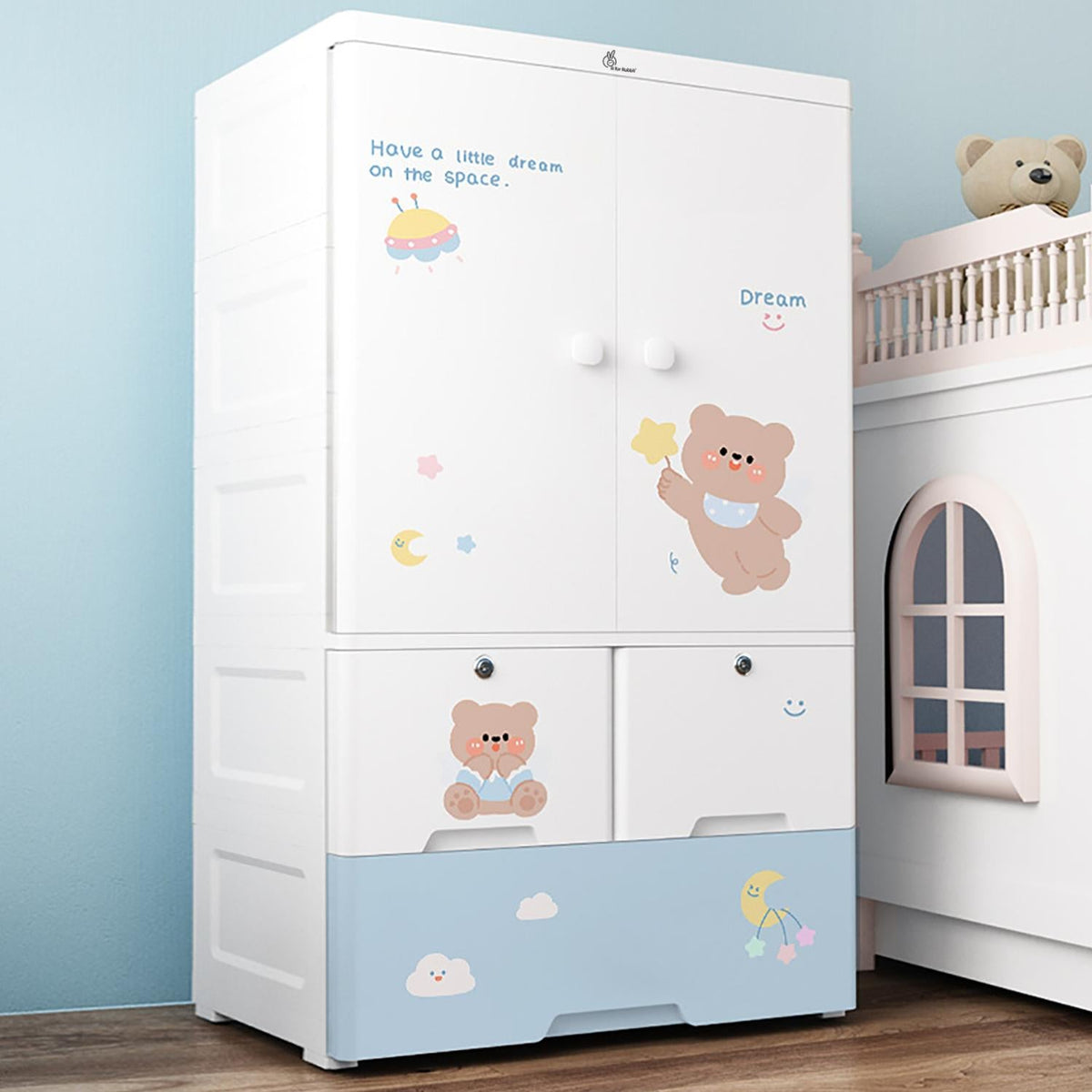 Kiddo Korner Stellar Storage Organizer Cupboard For Kids With Rustproof Stainless Steel Rods - Teddy Blue