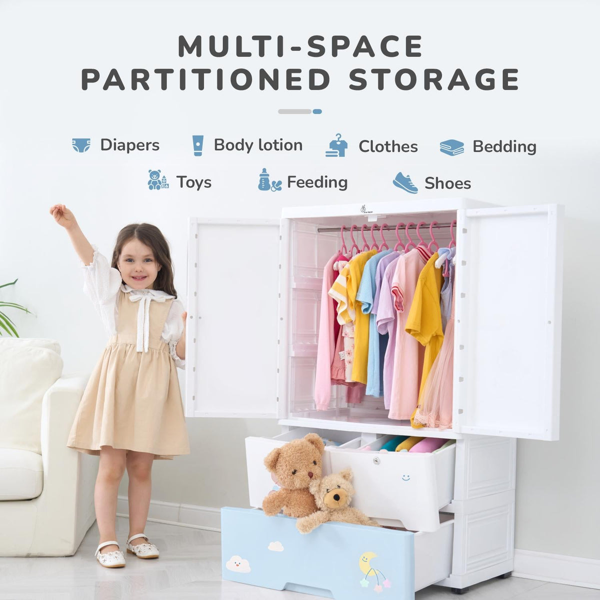 Kiddo Korner Stellar Storage Organizer Cupboard For Kids With Rustproof Stainless Steel Rods - Teddy Blue