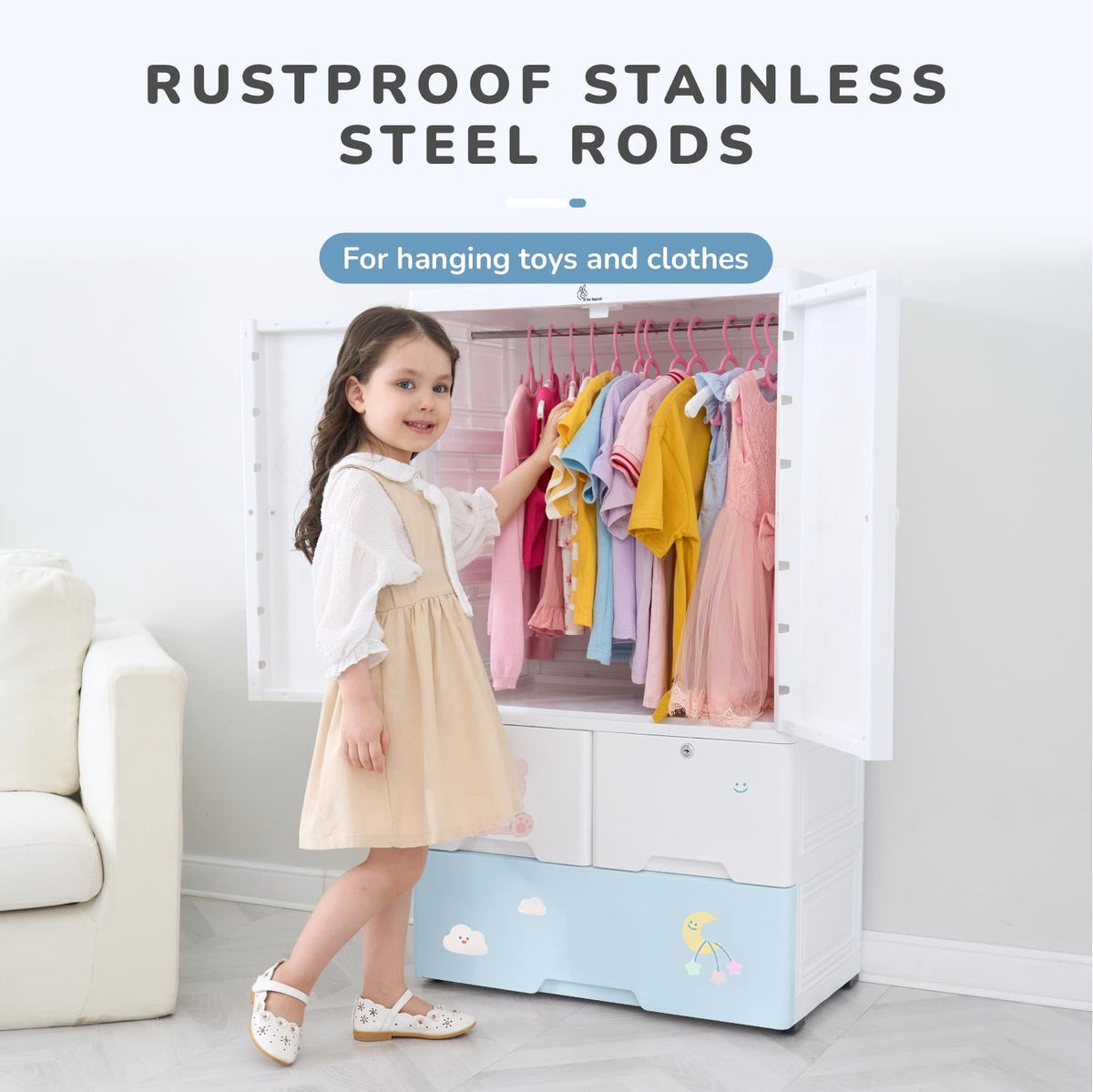 Kiddo Korner Stellar Storage Organizer Cupboard For Kids With Rustproof Stainless Steel Rods - Teddy Blue