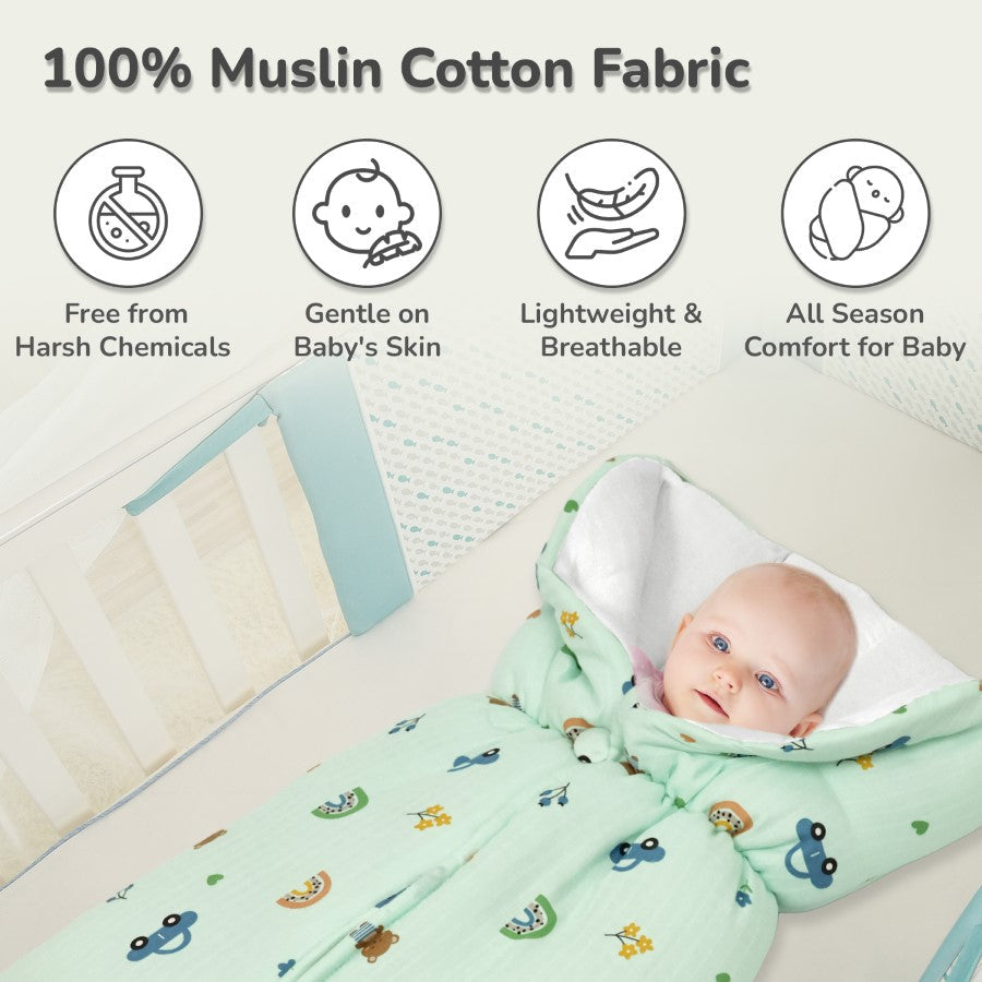 Snuggy Bliss 100% Muslin Cotton Baby Bedding for Newborns (0–6 Months) - Teddy Green