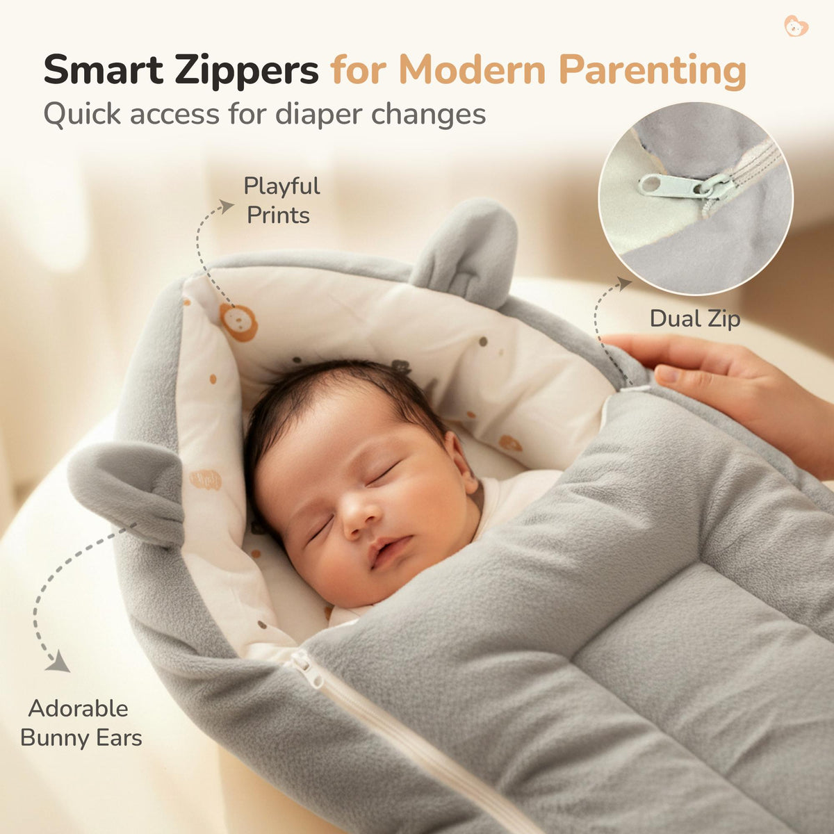 Snuggy Cucoon Baby Nest - Soft, Comfortable & Multi-Purpose Nest for Newborns 0-6 months babies - Teddy Grey