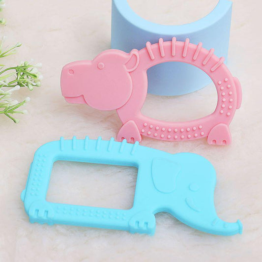 Tiny Bites Safari – Cute Baby Silicone Teether - Elephant Blue + Hippo Pink