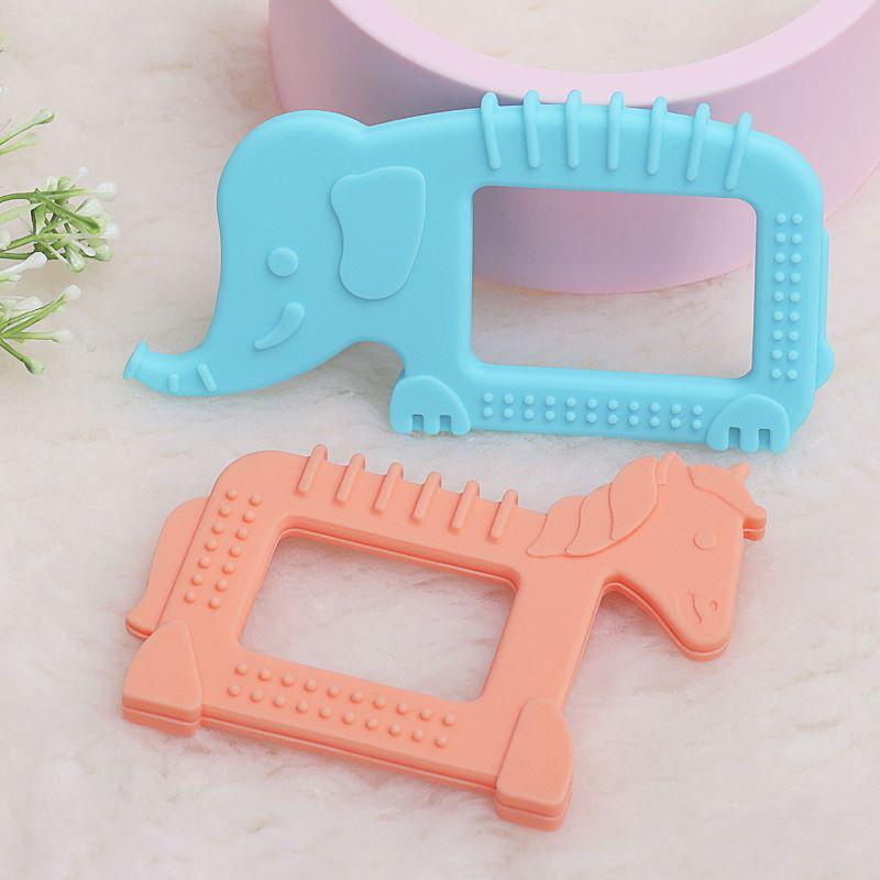 Tiny Bites Safari – Cute Baby Silicone Teether - Elephant Blue + Horse Orange