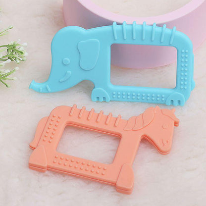 Tiny Bites Safari – Cute Baby Silicone Teether - Elephant Blue + Horse Orange