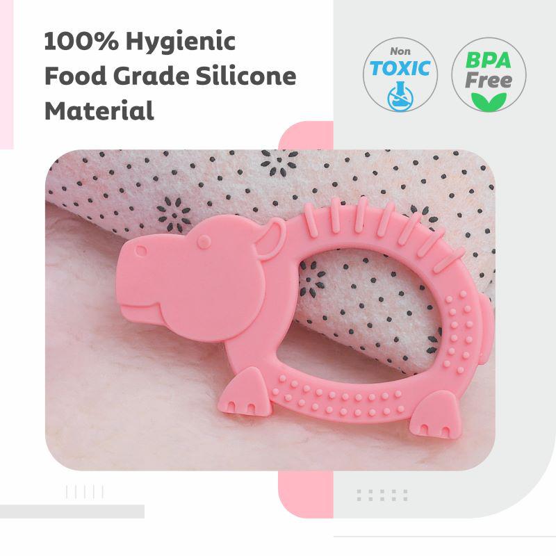 Tiny Bites Safari – Cute Baby Silicone Teether - Hippo Pink