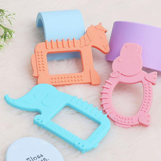 Tiny Bites Safari – Cute Baby Silicone Teether Pack of 3 - Blue-Orange-Pink