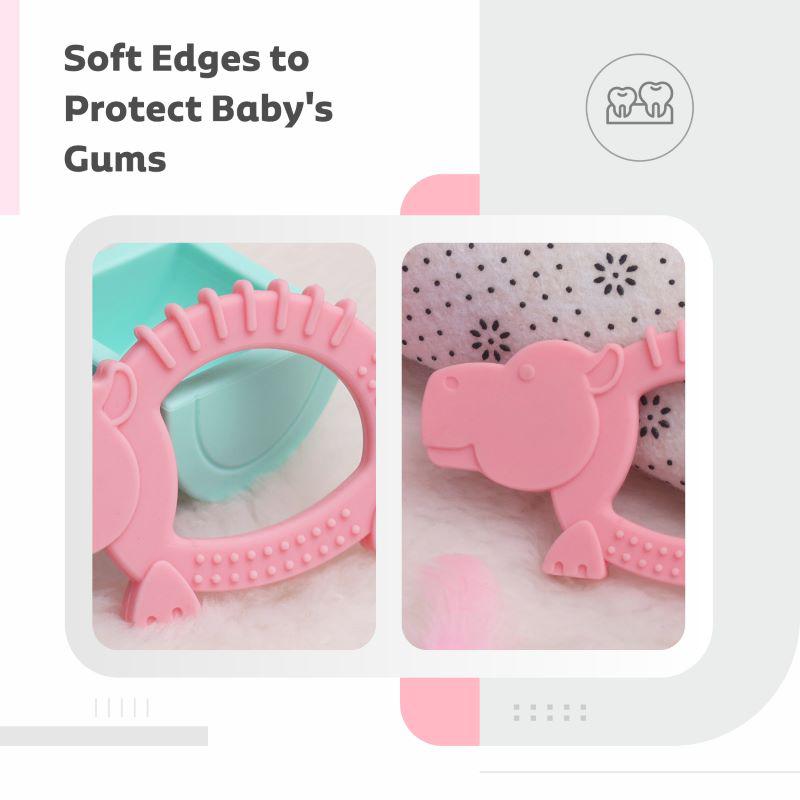 Tiny Bites Safari – Cute Baby Silicone Teether Pack of 3 - Blue-Orange-Pink