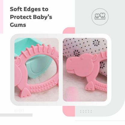 Tiny Bites Safari – Cute Baby Silicone Teether Pack of 3 - Blue-Orange-Pink