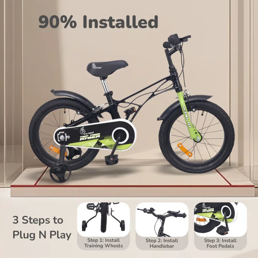 Tiny Toes Ryder Bicycle For Kids 14 Inch 90% Plug N Play Installation - Black Green