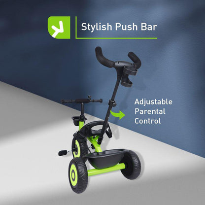 Tiny Toes T20 Ace Tricycle - 2 in 1, EVA Wheels, Adjustable Parental Control, Cup Holder, EVA Wheels, Front & Rear Basket, 1.5-5y - Green