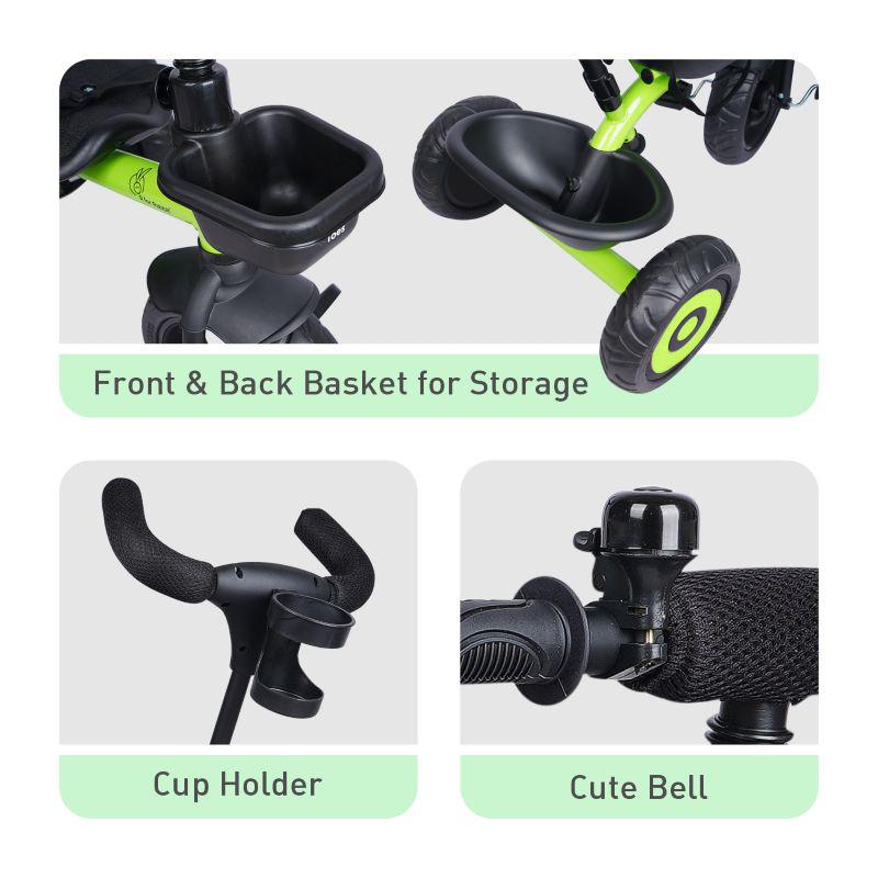 Tiny Toes T20 Ace Tricycle - 2 in 1, EVA Wheels, Adjustable Parental Control, Cup Holder, EVA Wheels, Front & Rear Basket, 1.5-5y - Green