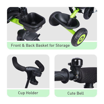Tiny Toes T20 Ace Tricycle - 2 in 1, EVA Wheels, Adjustable Parental Control, Cup Holder, EVA Wheels, Front & Rear Basket, 1.5-5y - Green