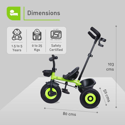 Tiny Toes T20 Ace Tricycle - 2 in 1, EVA Wheels, Adjustable Parental Control, Cup Holder, EVA Wheels, Front & Rear Basket, 1.5-5y - Green