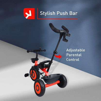 Tiny Toes T20 Ace Tricycle - 2 in 1, EVA Wheels, Adjustable Parental Control, Cup Holder, EVA Wheels, Front & Rear Basket, 1.5-5y - Red
