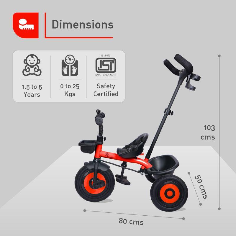 Tiny Toes T20 Ace Tricycle - 2 in 1, EVA Wheels, Adjustable Parental Control, Cup Holder, EVA Wheels, Front & Rear Basket, 1.5-5y - Red
