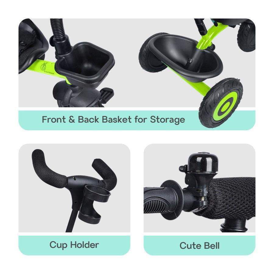 Tiny Toes T20 Plus Tricycle - 2 in 1, Rubber Wheels, Adjustable Parental Control, Cup Holder - Green