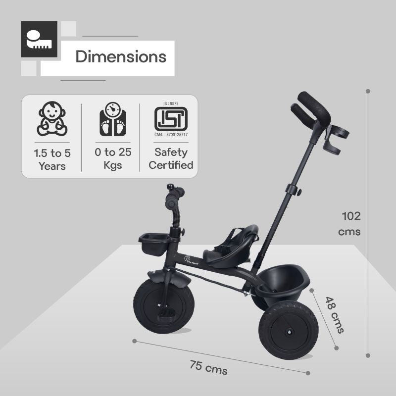 Tiny Toes T20 Plus Tricycle - 2 in 1, Rubber Wheels, Adjustable Parental Control, Cup Holder - Black