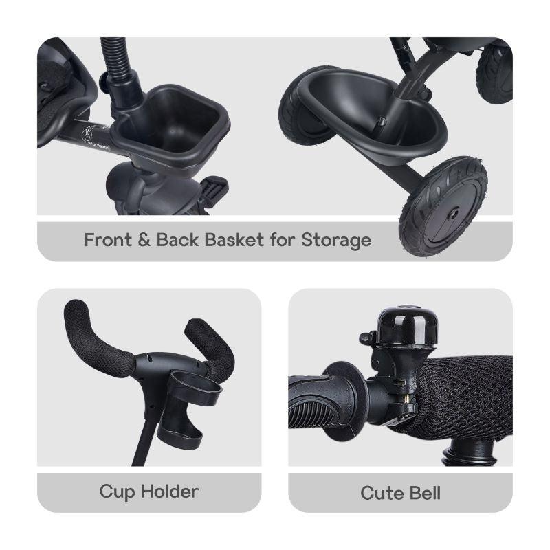 Tiny Toes T20 Plus Tricycle - 2 in 1, Rubber Wheels, Adjustable Parental Control, Cup Holder - Black