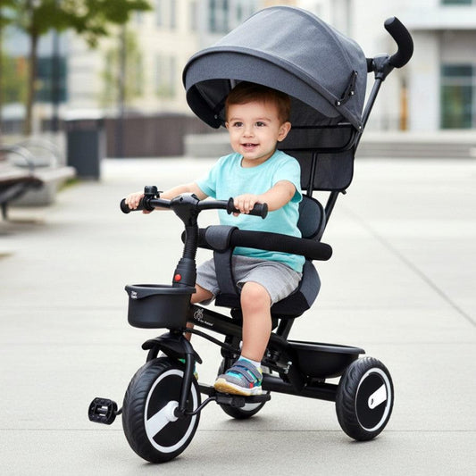 Tiny Toes T30 Ace Tricycle - 3 in 1, Adjustable Parental Control & Canopy, Front & Rear Basket - Grey